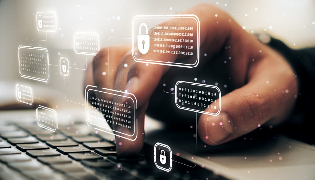 Close-up of a hand typing on a keyboard with cybersecurity lock icons and binary code holograms. Digital interface background. Concept of online security and data protection